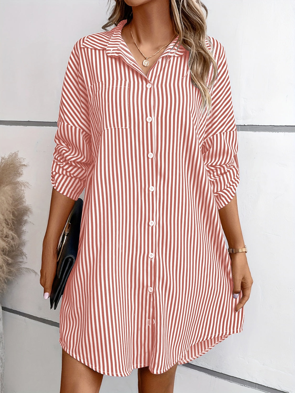 Striped Button Up Long Sleeve Mini Shirt Dress apparel & accessories