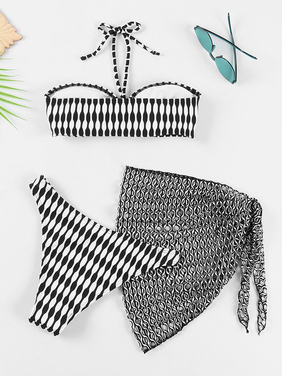 Geometric Halter Neck Three-Piece Swim Set apparels & accessories