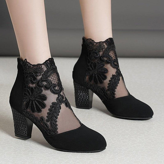 Hollow Mesh Women's Sandals Lace High Heel Shoes & Bags