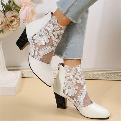 Hollow Mesh Women's Sandals Lace High Heel Shoes & Bags