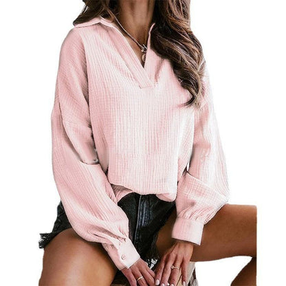 Lapel Lantern Long Sleeve Solid Color Shirt Dresses & Tops