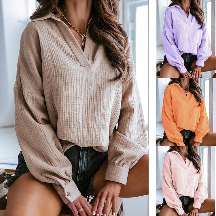 Lapel Lantern Long Sleeve Solid Color Shirt Dresses & Tops