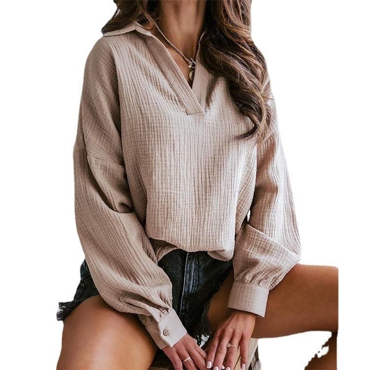 Lapel Lantern Long Sleeve Solid Color Shirt Dresses & Tops