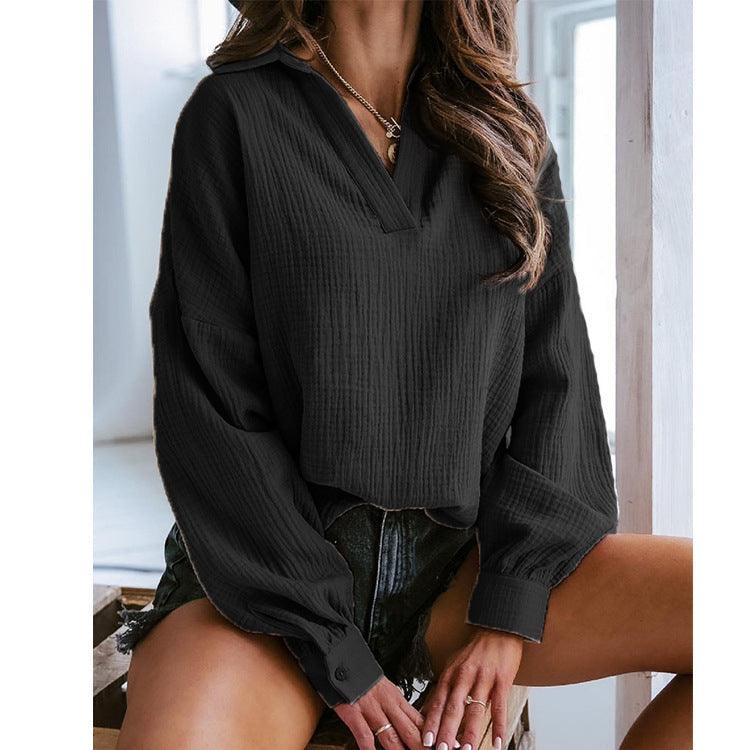 Lapel Lantern Long Sleeve Solid Color Shirt Dresses & Tops