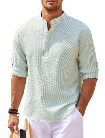 Men's Casual long Sleeve Stand Collar Solid Color Shirt men's clothing