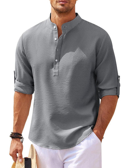 Men's Casual long Sleeve Stand Collar Solid Color Shirt men's clothing