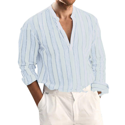 Men's Striped Long Sleeve Stand Collar Loose Shirt men's clothing