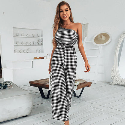 Plaid One-shoulder Polyester Women's Jumpsuit women's clothing