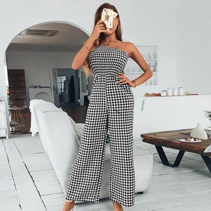 Plaid One-shoulder Polyester Women's Jumpsuit women's clothing