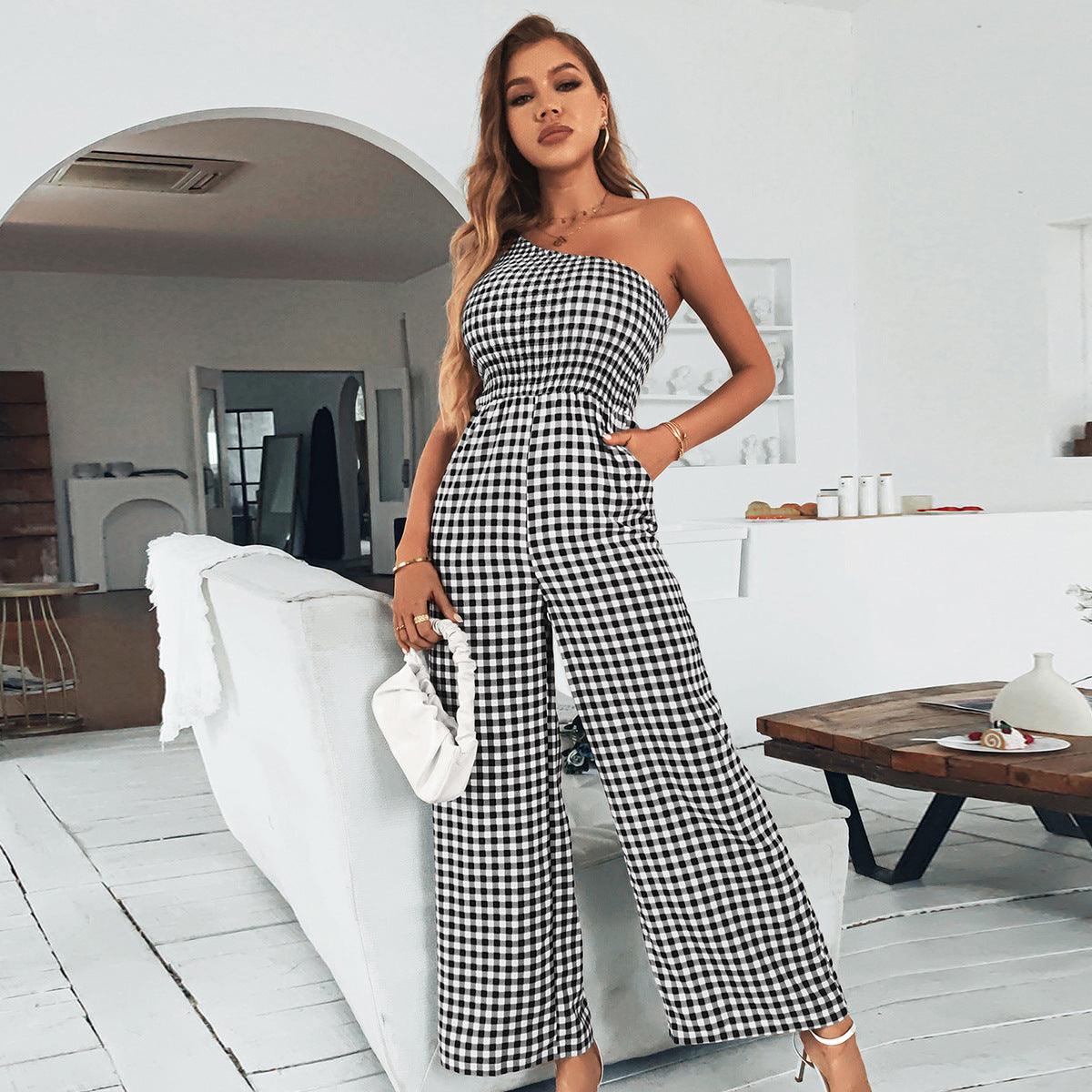 Plaid One-shoulder Polyester Women's Jumpsuit women's clothing