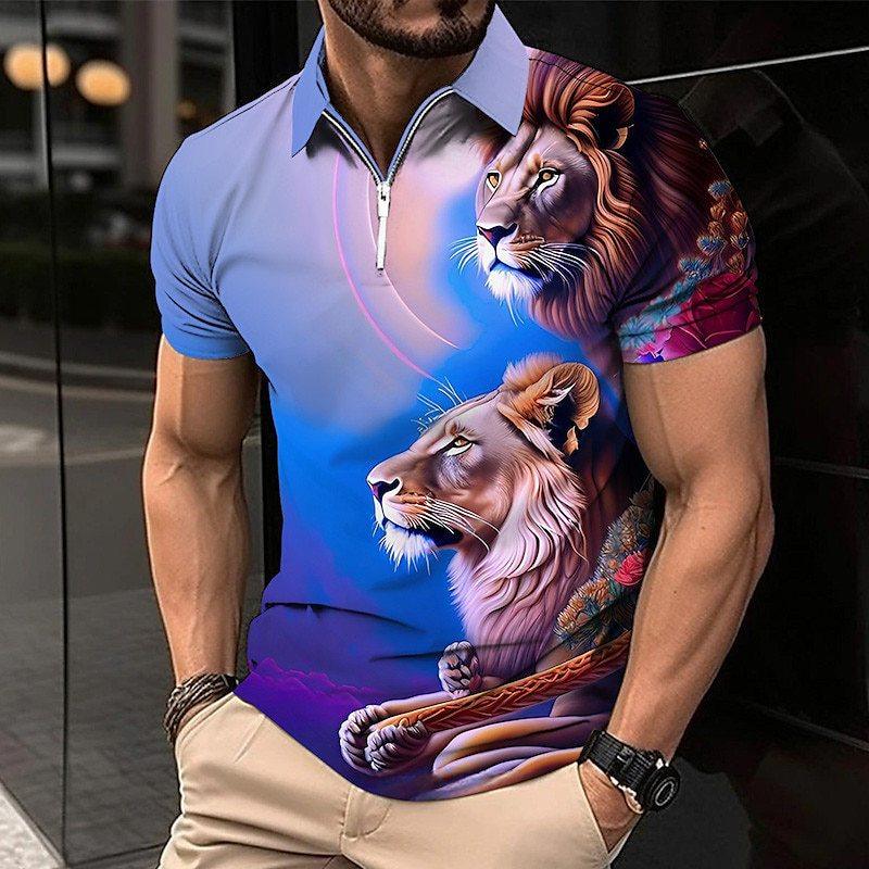 Polo Golf Shirt  Lion Print Short Sleeve men's clothing