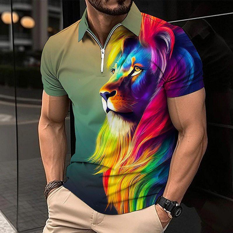 Polo Golf Shirt  Lion Print Short Sleeve men's clothing