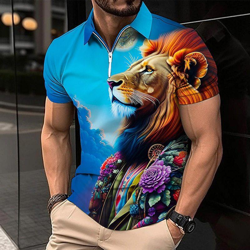 Polo Golf Shirt  Lion Print Short Sleeve men's clothing