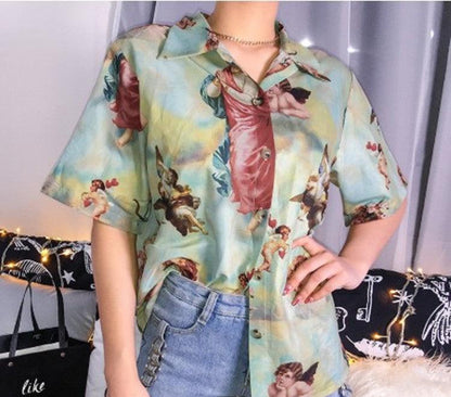 Popular Short-sleeved Shirt Vintage Printed Shirt women's clothing