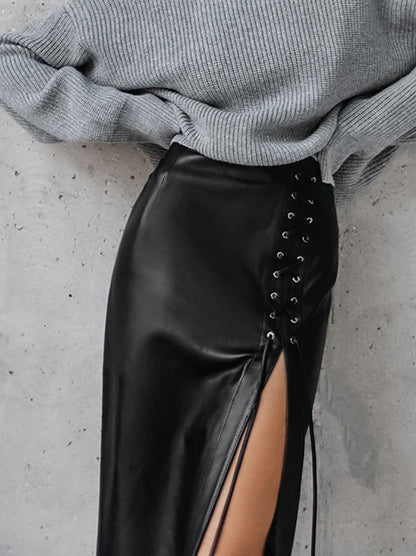 Punk Lace-up Black PU Leather Skirt Women Bottom wear