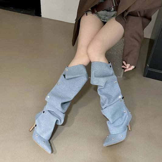 Rivet Buckle Two-way Stiletto Heel Denim Style Boots Shoes & Bags