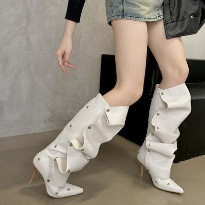 Rivet Buckle Two-way Stiletto Heel Denim Style Boots Shoes & Bags