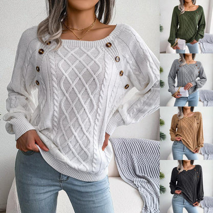 Square Neck Button Dough Twist Knitting Sweater winter clothes for women