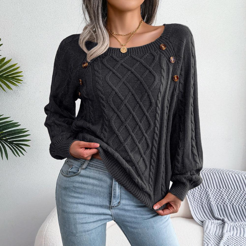 Square Neck Button Dough Twist Knitting Sweater winter clothes for women