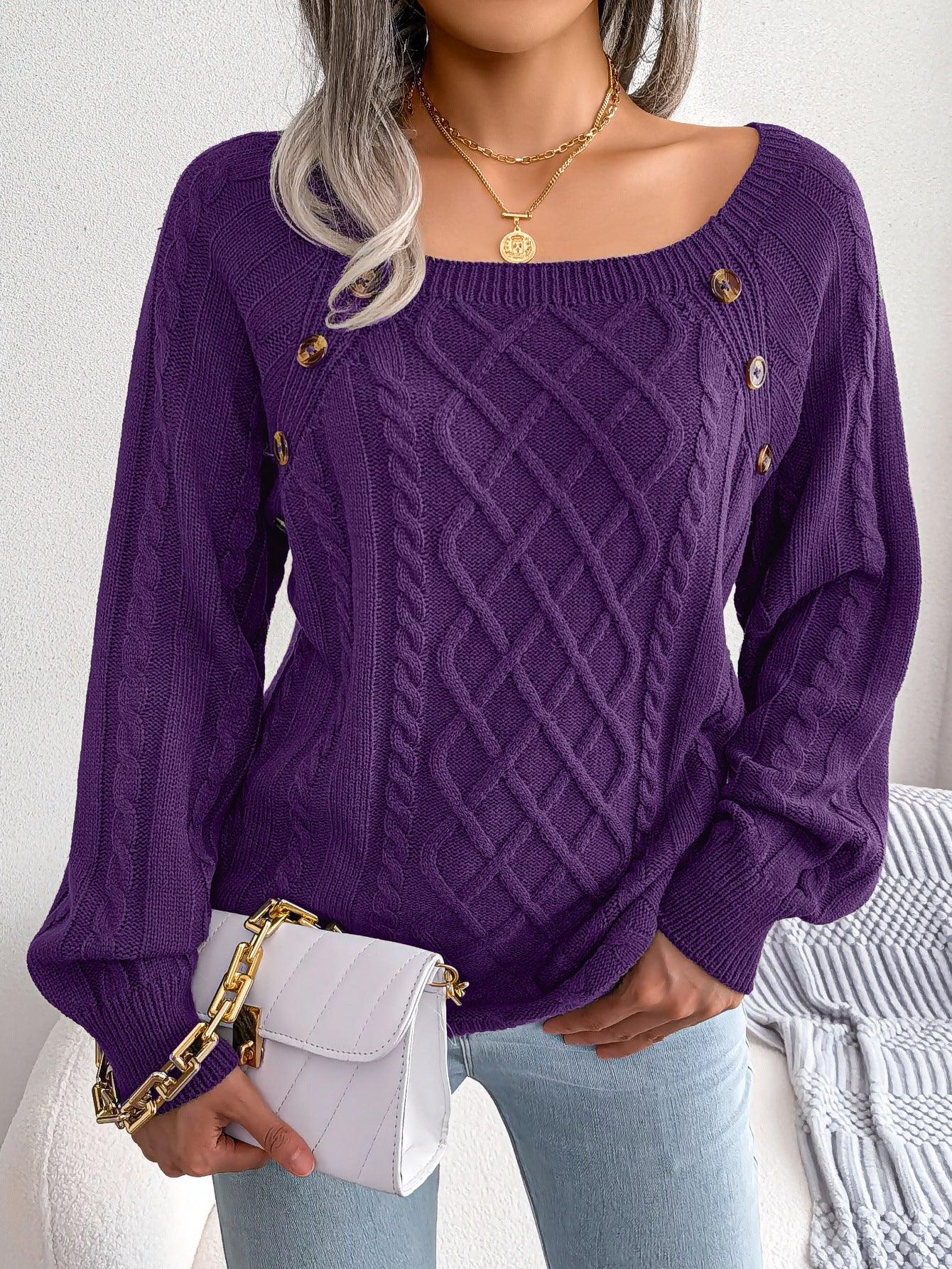 Square Neck Button Dough Twist Knitting Sweater winter clothes for women