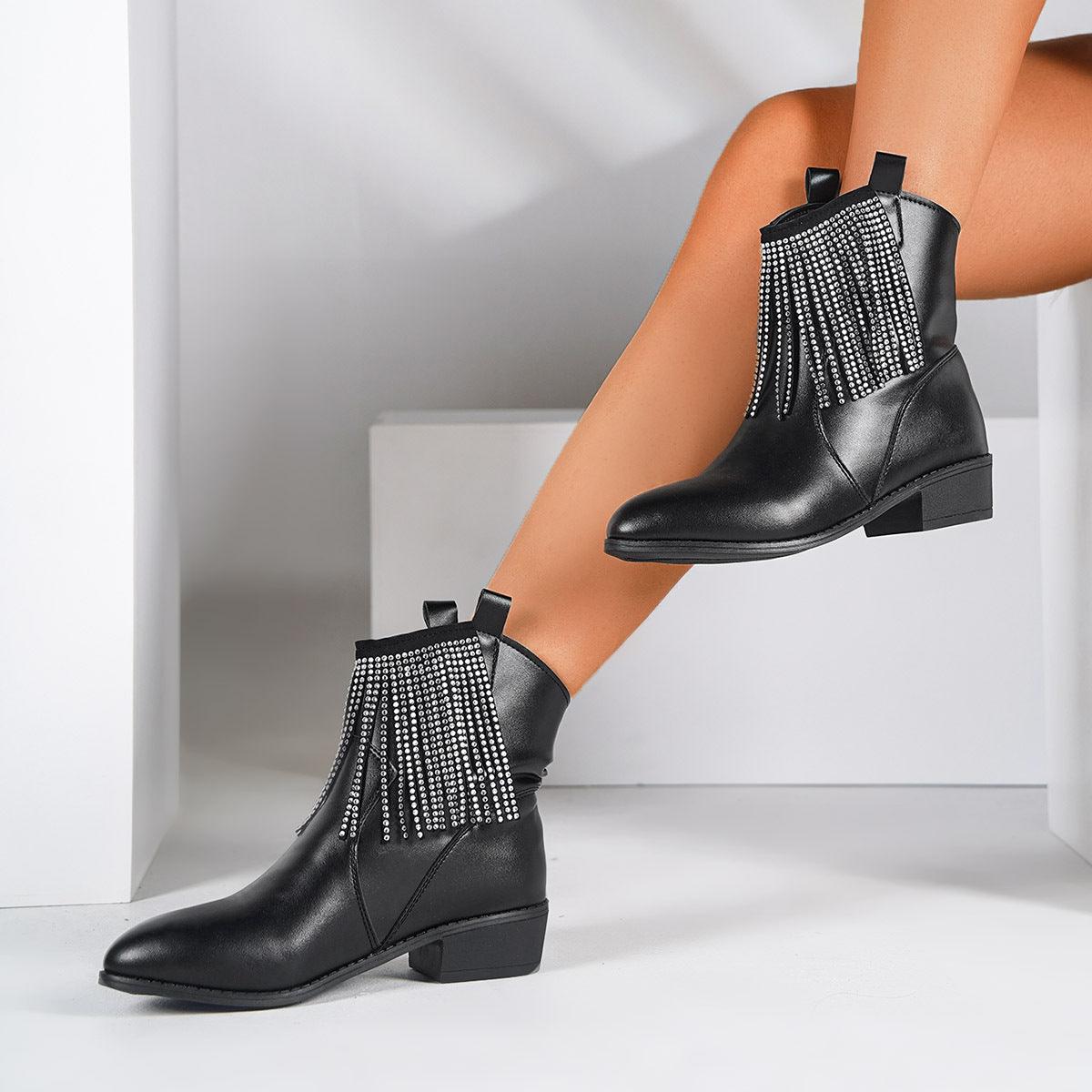 Tassel Rhinestone Short Boots Women's Mid Heel Shoes & Bags