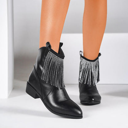 Tassel Rhinestone Short Boots Women's Mid Heel Shoes & Bags
