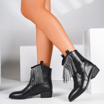 Tassel Rhinestone Short Boots Women's Mid Heel Shoes & Bags