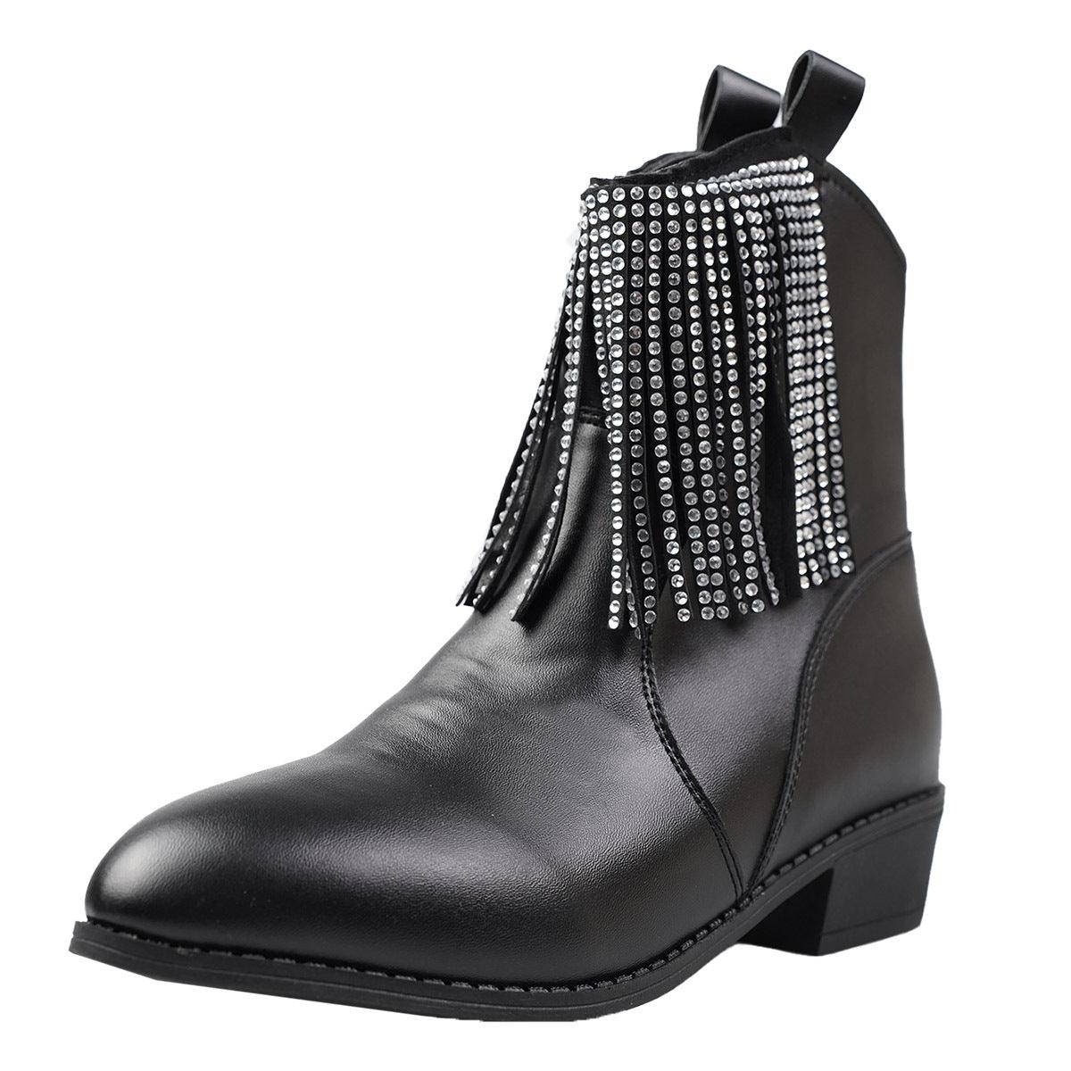 Tassel Rhinestone Short Boots Women's Mid Heel Shoes & Bags