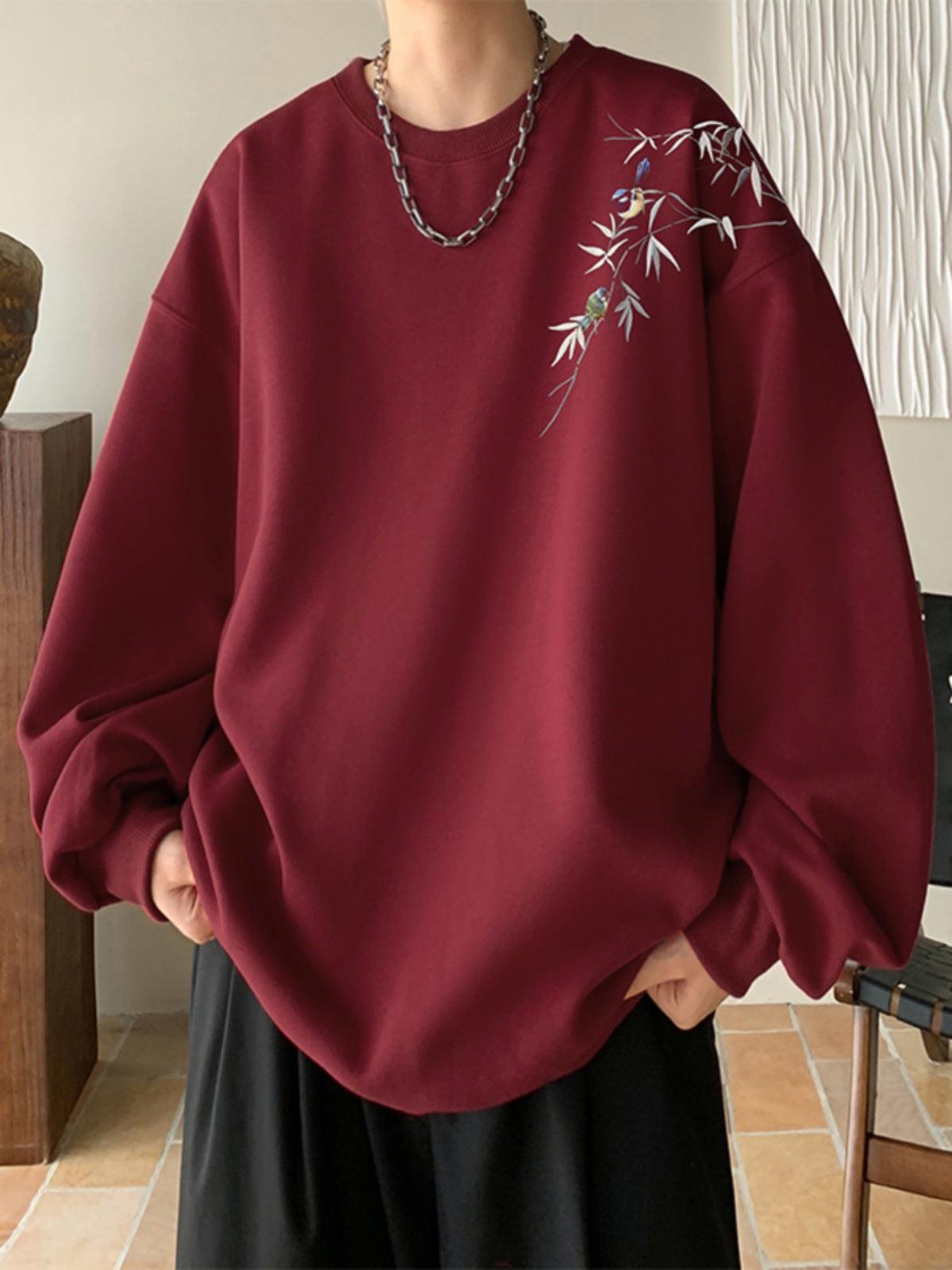 Wine Red Sweater Men's Round Neck Loose Winter clothes for men