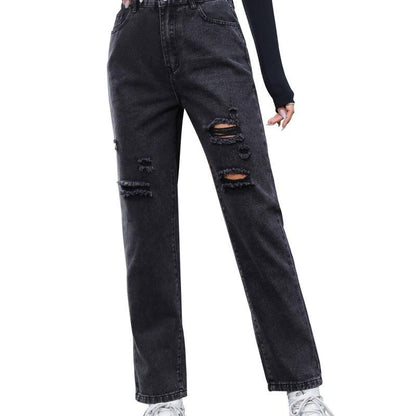 Women's Loose Hole Slimming Denim Polyester Trousers Bottom wear