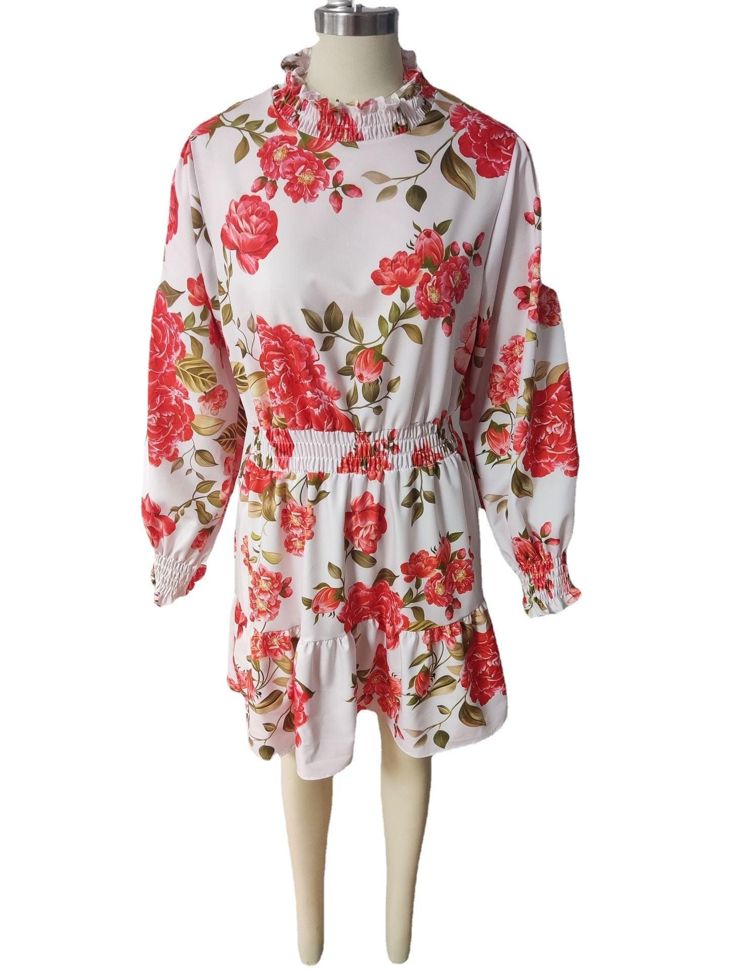 Women's Fashion Pile Collar Floral Print Dress Dresses & Tops