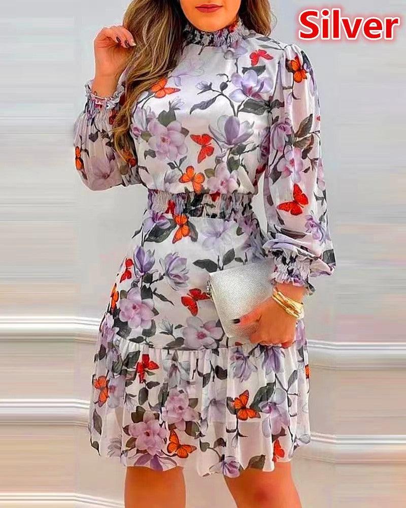 Women's Fashion Pile Collar Floral Print Dress Dresses & Tops