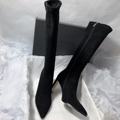 Women's High Heel Stretch Below The Knee Boots Shoes & Bags