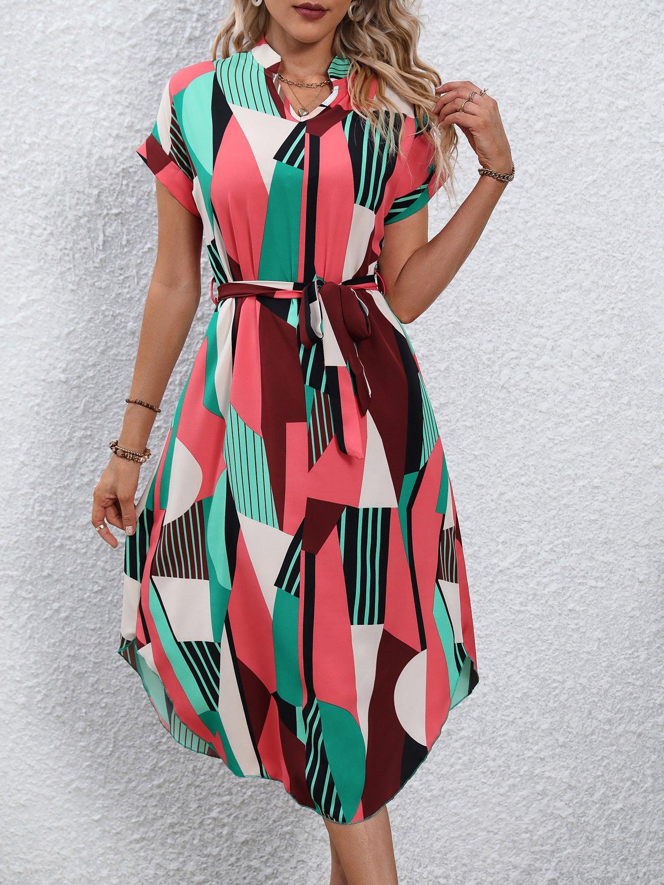 Women's Printed Batwing Sleeve Belt Dress Dresses & Tops