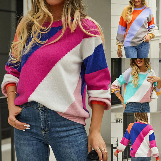 Women's Striped Patchwork Round Neck Sweater winter clothes for women