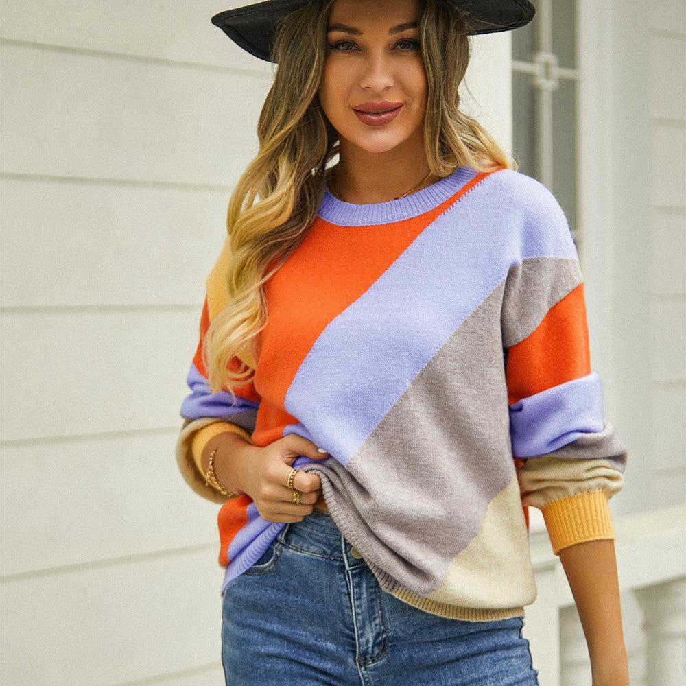 Women's Striped Patchwork Round Neck Sweater winter clothes for women