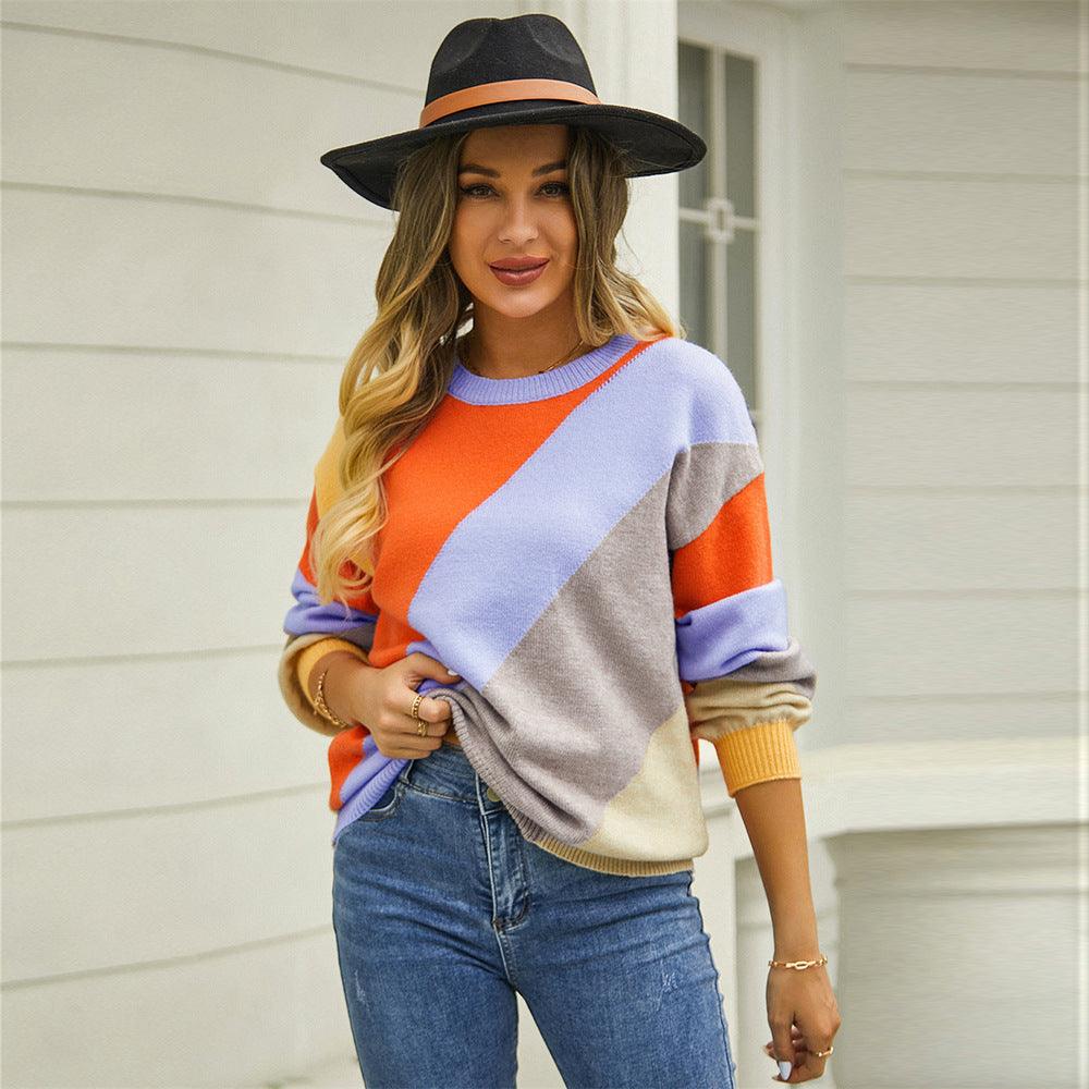 Women's Striped Patchwork Round Neck Sweater winter clothes for women