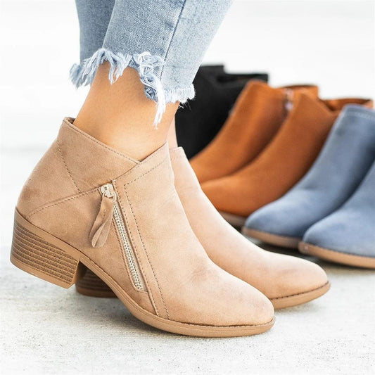 Women's Suede Boots Chunky Heel Side Zip Shoes & Bags