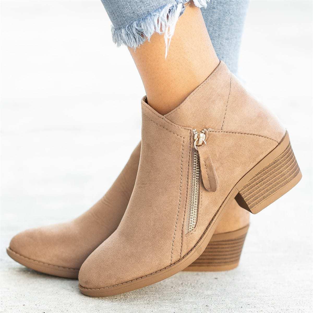 Women's Suede Boots Chunky Heel Side Zip Shoes & Bags